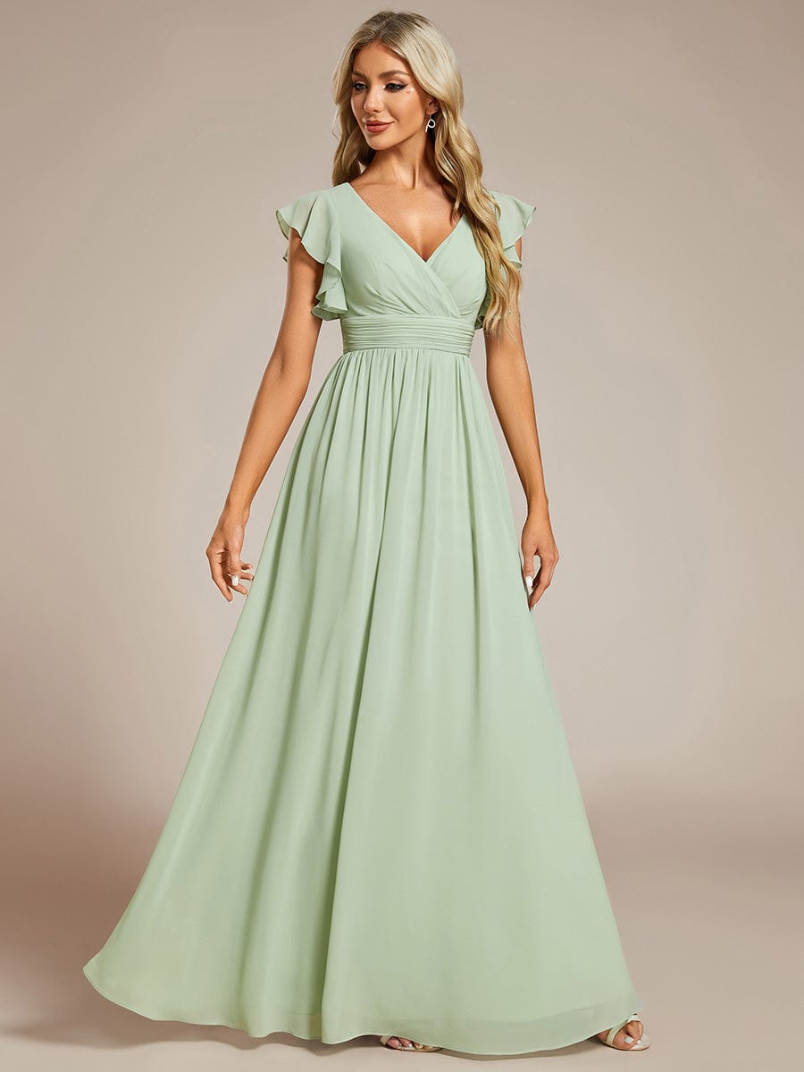 Elegant V-Neck Open Back Chiffon Bridesmaid Dress with Ruffled Sleeves #color_Mint Green