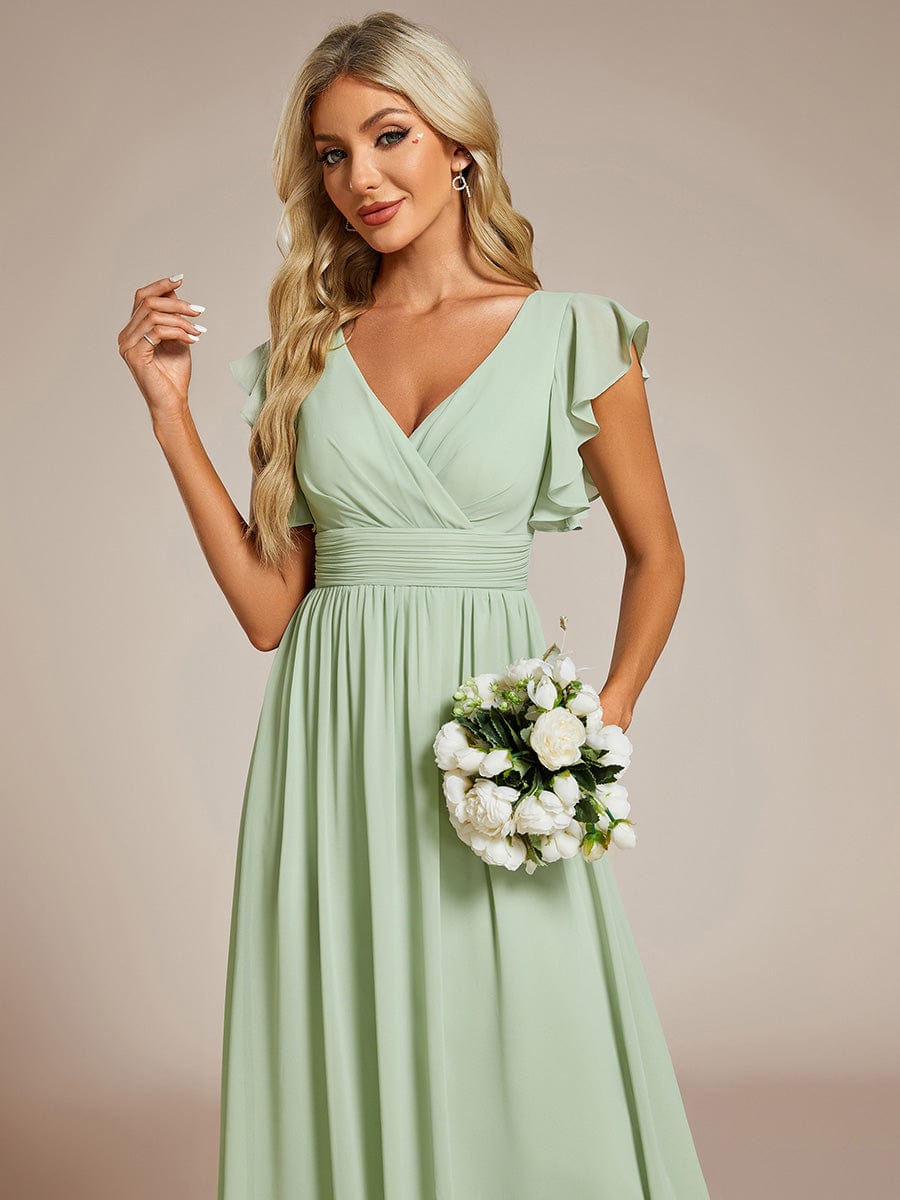 Elegant V-Neck Open Back Chiffon Bridesmaid Dress with Ruffled Sleeves #color_Mint Green