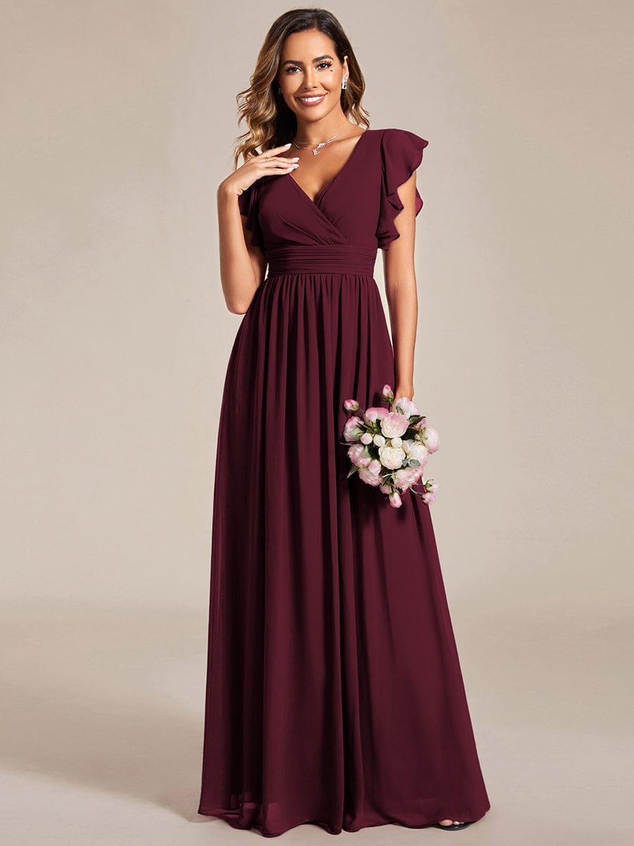 V-Neck Open Back Ruffled Sleeves Chiffon Bridesmaid Dress #color_Mulberry