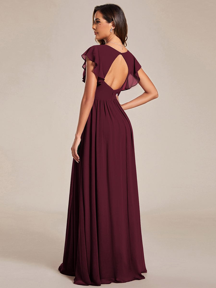 V-Neck Open Back Ruffled Sleeves Chiffon Bridesmaid Dress #color_Mulberry