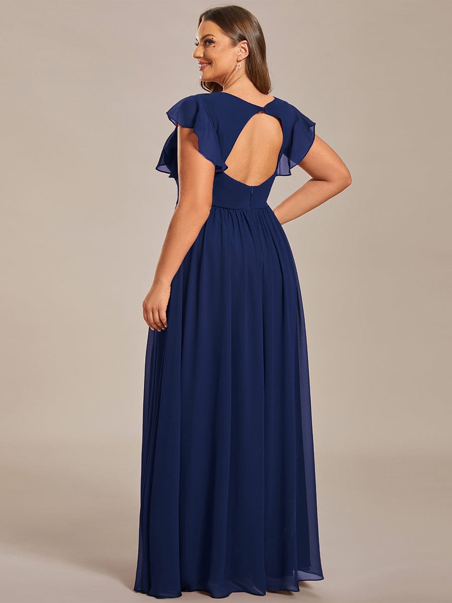 Custom Size Elegant V-Neck Open Back Chiffon Bridesmaid Dress with Ruffled Sleeves #color_Navy Blue