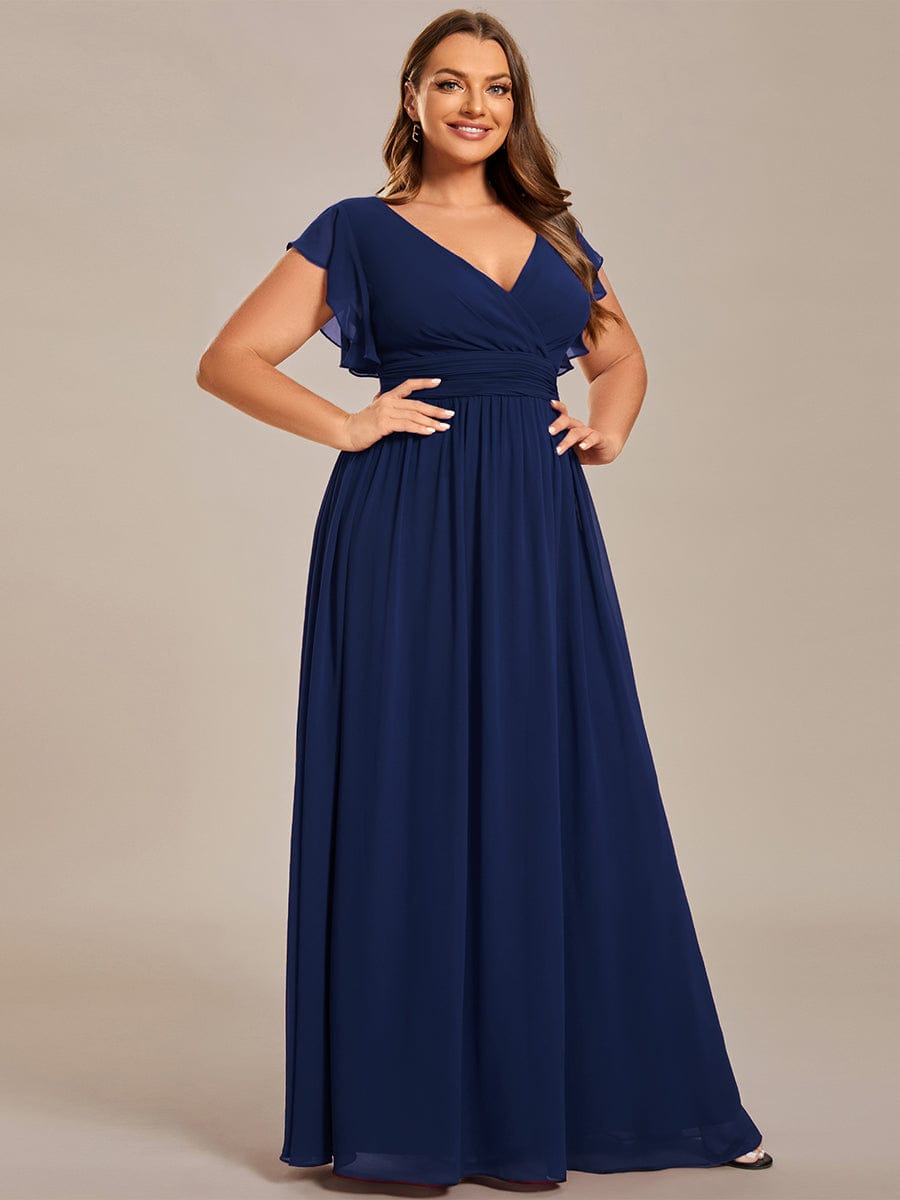 Custom Size Elegant V-Neck Open Back Chiffon Bridesmaid Dress with Ruffled Sleeves #color_Navy Blue