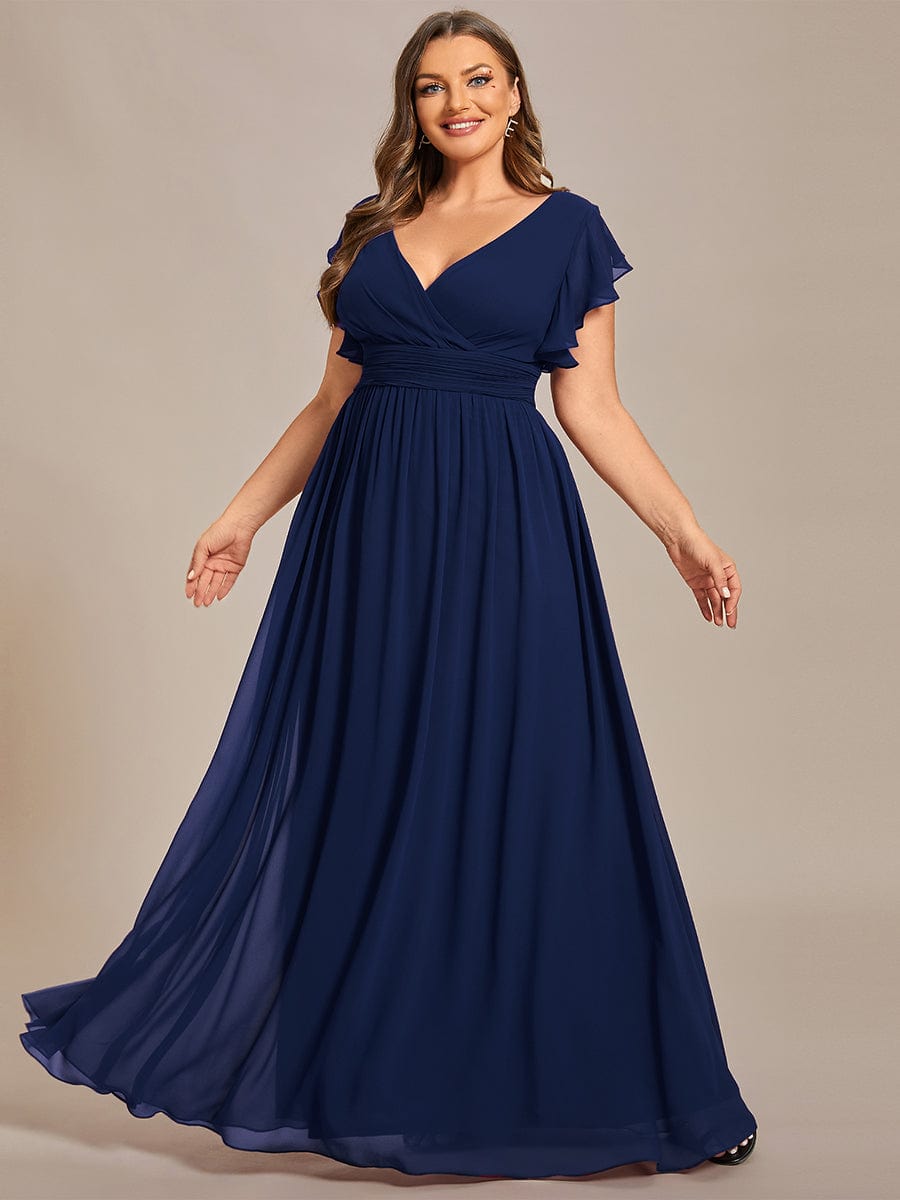 Custom Size Elegant V-Neck Open Back Chiffon Bridesmaid Dress with Ruffled Sleeves #color_Navy Blue