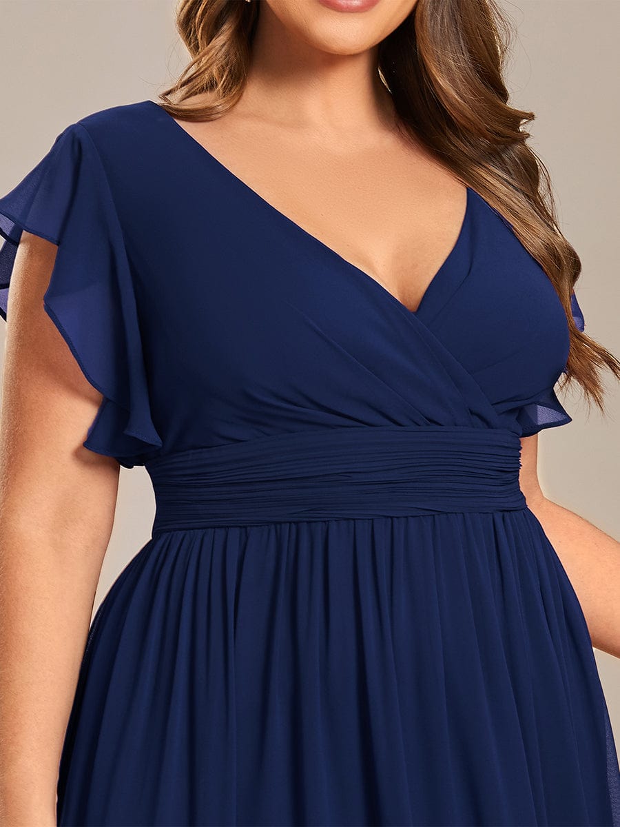 Custom Size Elegant V-Neck Open Back Chiffon Bridesmaid Dress with Ruffled Sleeves #color_Navy Blue