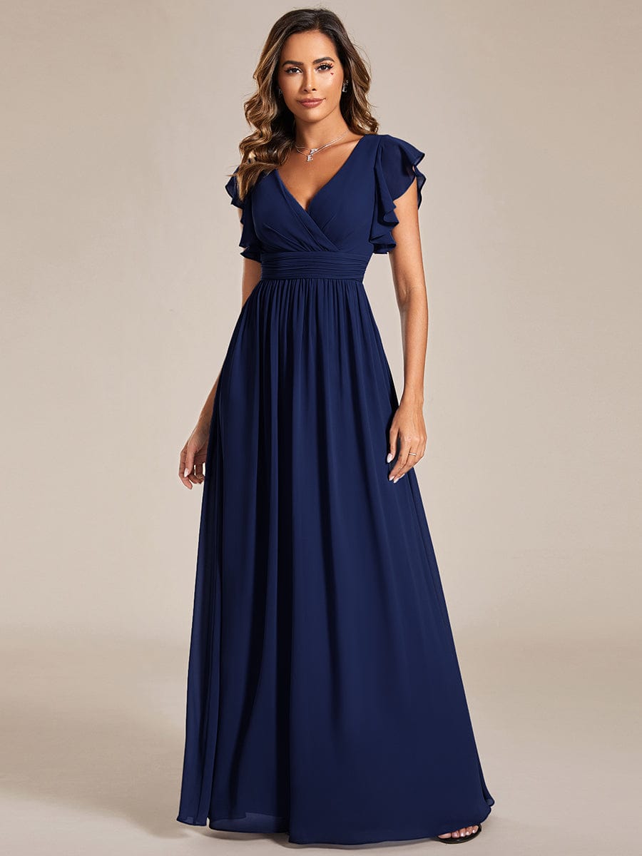 Elegant V-Neck Open Back Chiffon Bridesmaid Dress with Ruffled Sleeves #color_Navy Blue