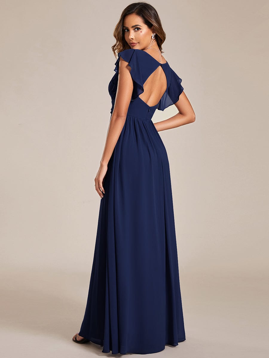 Elegant V-Neck Open Back Chiffon Bridesmaid Dress with Ruffled Sleeves #color_Navy Blue