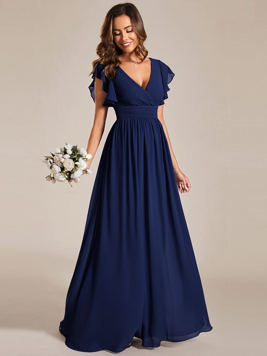 Elegant V-Neck Open Back Chiffon Bridesmaid Dress with Ruffled Sleeves #color_Navy Blue