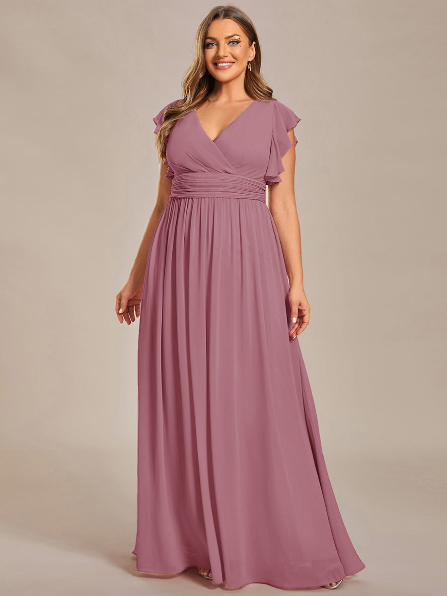 Elegant V-Neck Open Back Chiffon Bridesmaid Dress with Ruffled Sleeves #color_Purple Orchid