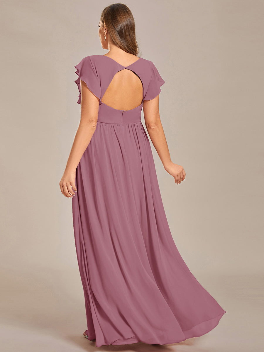 Elegant V-Neck Open Back Chiffon Bridesmaid Dress with Ruffled Sleeves #color_Purple Orchid