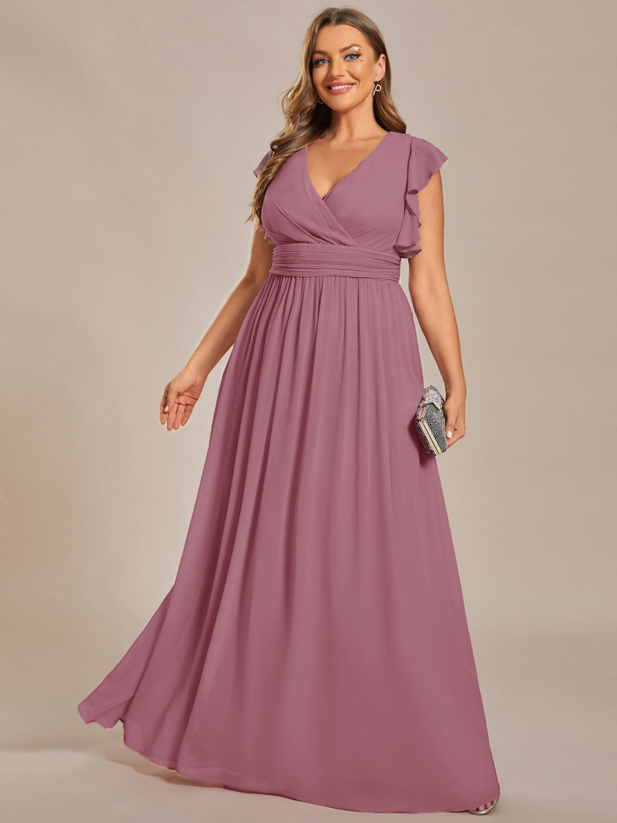 Elegant V-Neck Open Back Chiffon Bridesmaid Dress with Ruffled Sleeves #color_Purple Orchid