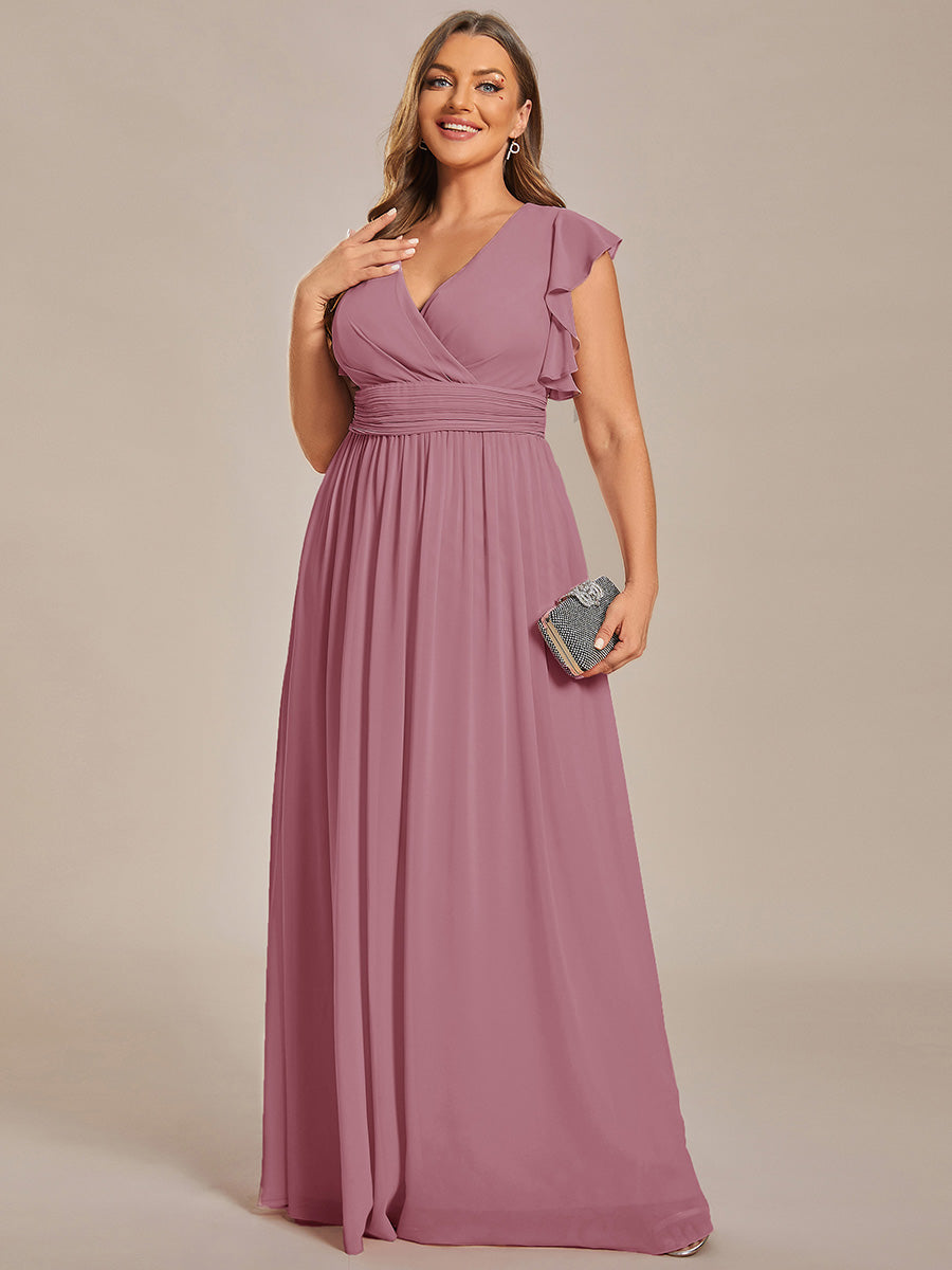 Elegant V-Neck Open Back Chiffon Bridesmaid Dress with Ruffled Sleeves #color_Purple Orchid