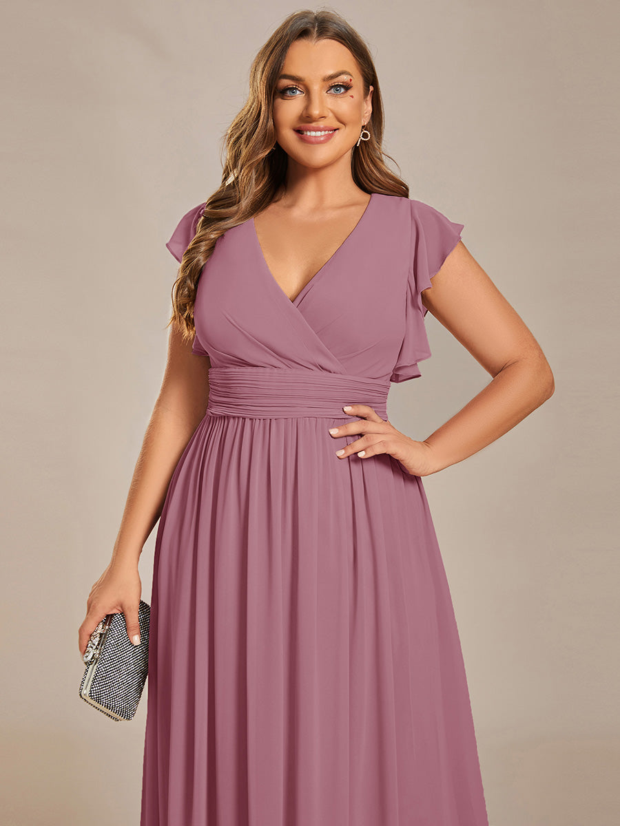 Elegant V-Neck Open Back Chiffon Bridesmaid Dress with Ruffled Sleeves #color_Purple Orchid