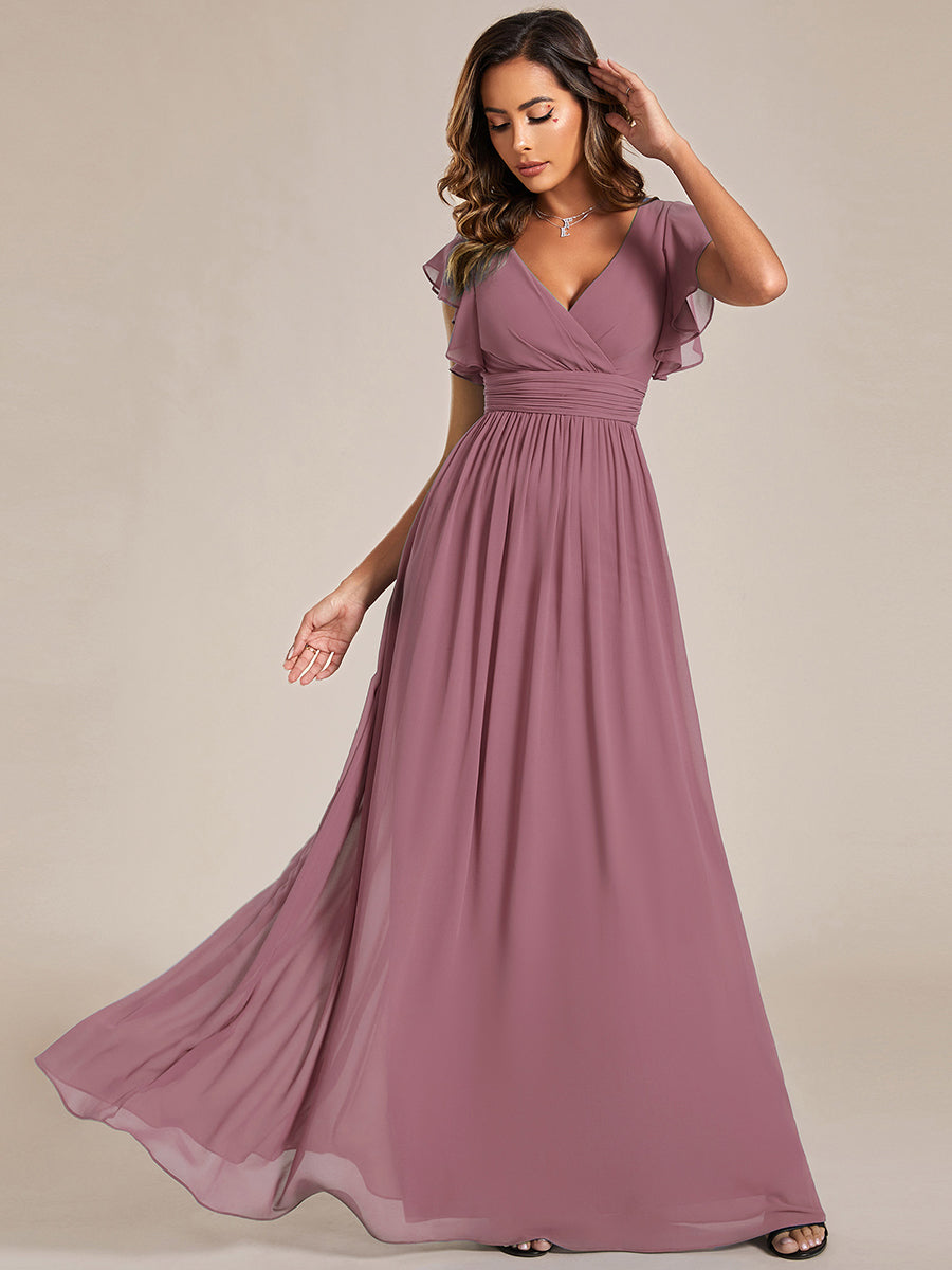 Elegant V-Neck Open Back Chiffon Bridesmaid Dress with Ruffled Sleeves #color_Purple Orchid