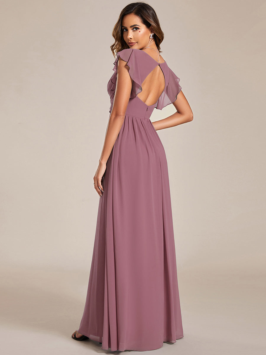 Elegant V-Neck Open Back Chiffon Bridesmaid Dress with Ruffled Sleeves #color_Purple Orchid