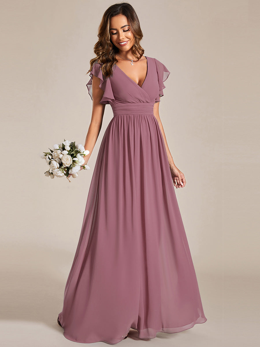 Elegant V-Neck Open Back Chiffon Bridesmaid Dress with Ruffled Sleeves #color_Purple Orchid