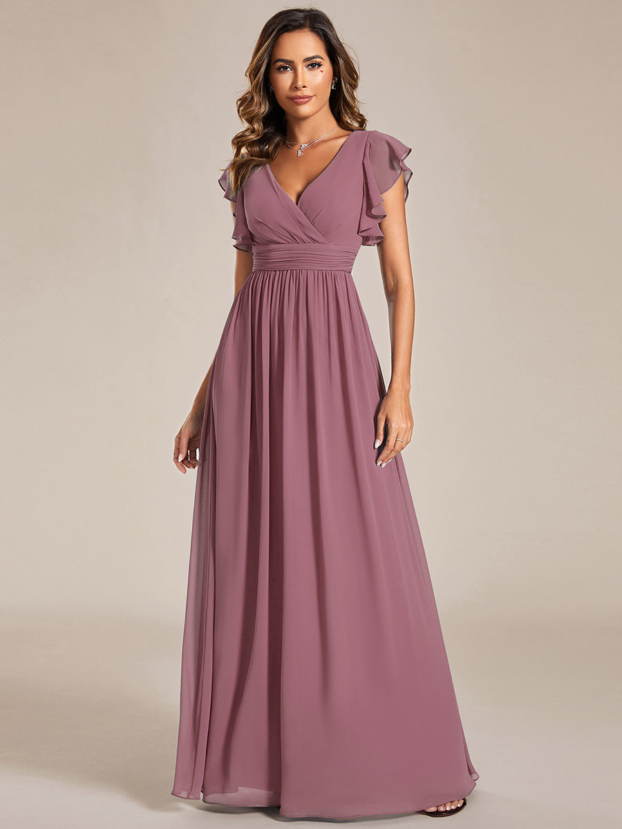 Elegant V-Neck Open Back Chiffon Bridesmaid Dress with Ruffled Sleeves #color_Purple Orchid