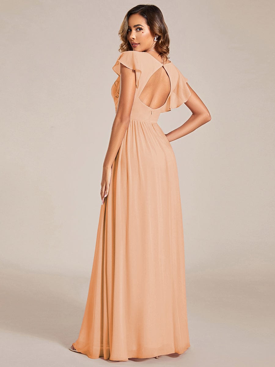 Elegant V-Neck Open Back Chiffon Bridesmaid Dress with Ruffled Sleeves #color_Peach