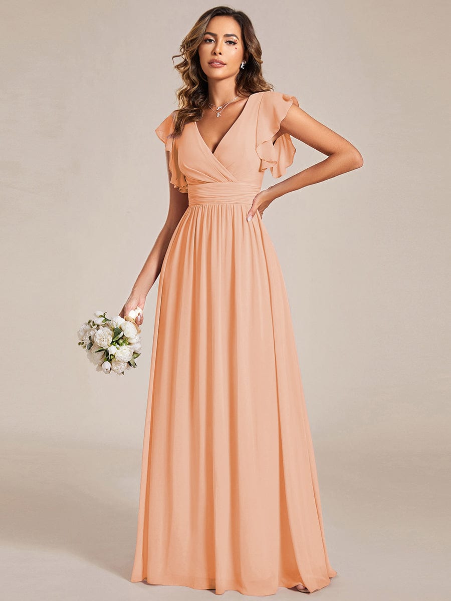 Elegant V-Neck Open Back Chiffon Bridesmaid Dress with Ruffled Sleeves #color_Peach