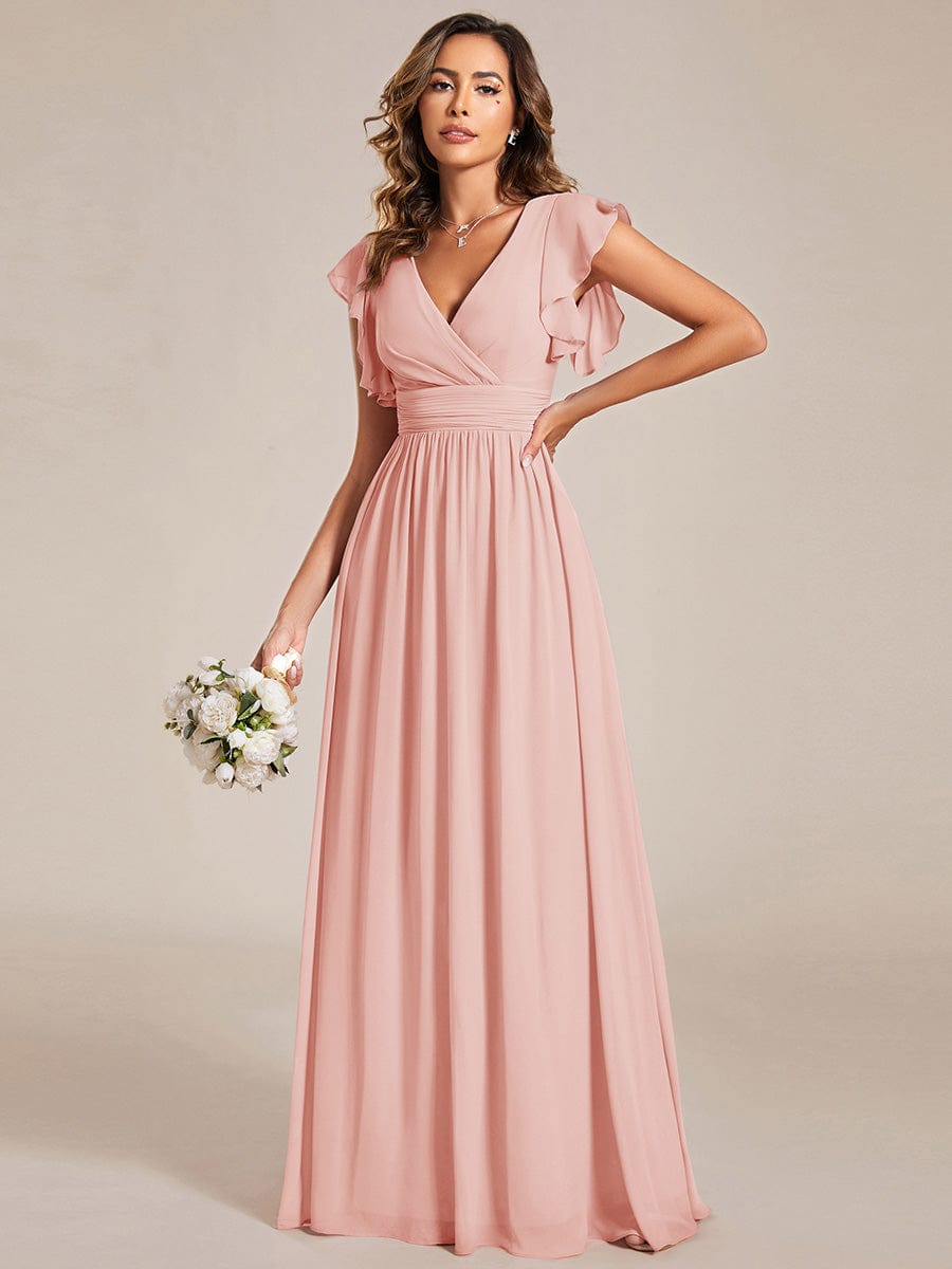 Elegant V-Neck Open Back Chiffon Bridesmaid Dress with Ruffled Sleeves #color_Pink