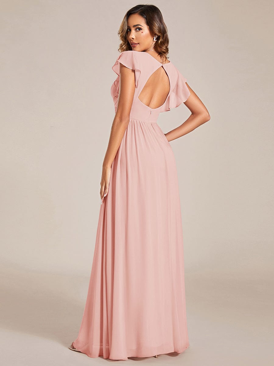 Elegant V-Neck Open Back Chiffon Bridesmaid Dress with Ruffled Sleeves #color_Pink