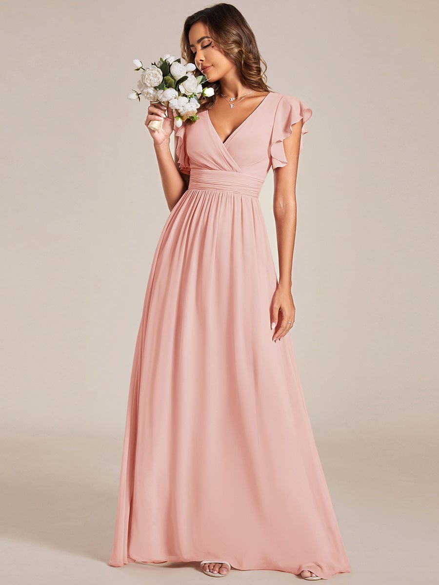 Elegant V-Neck Open Back Chiffon Bridesmaid Dress with Ruffled Sleeves #color_Pink