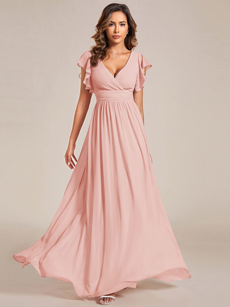 Elegant V-Neck Open Back Chiffon Bridesmaid Dress with Ruffled Sleeves #color_Pink