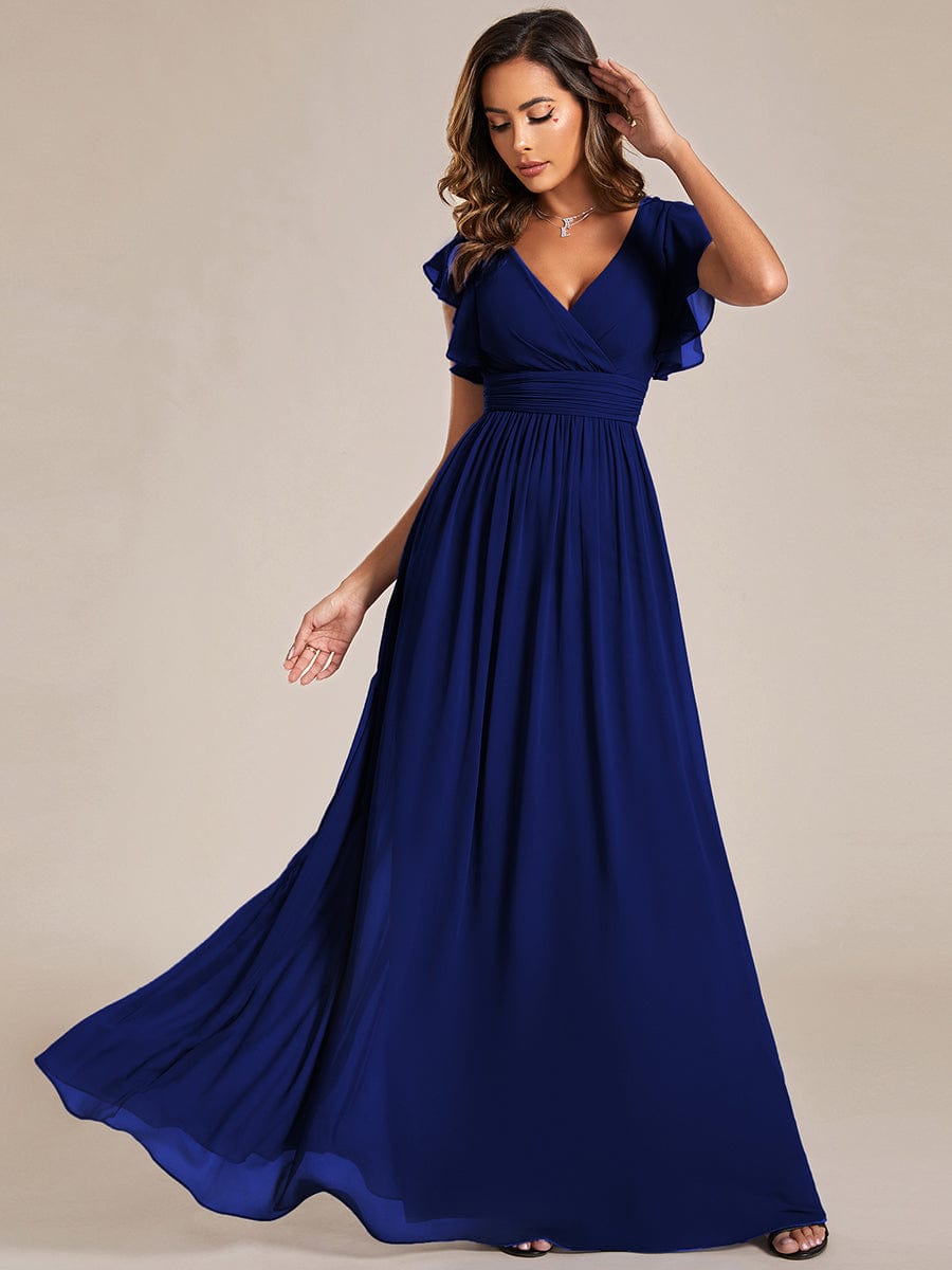 Elegant V-Neck Open Back Chiffon Bridesmaid Dress with Ruffled Sleeves #color_Royal Blue