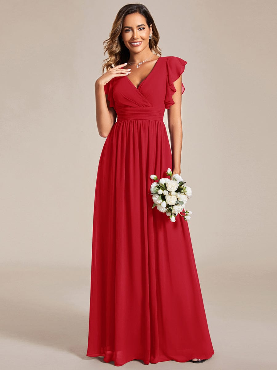 Elegant V-Neck Open Back Chiffon Bridesmaid Dress with Ruffled Sleeves #color_Red