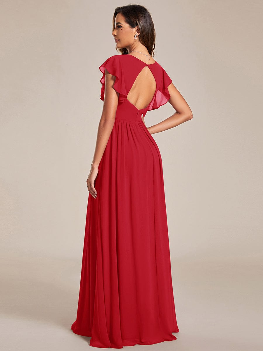 Elegant V-Neck Open Back Chiffon Bridesmaid Dress with Ruffled Sleeves #color_Red