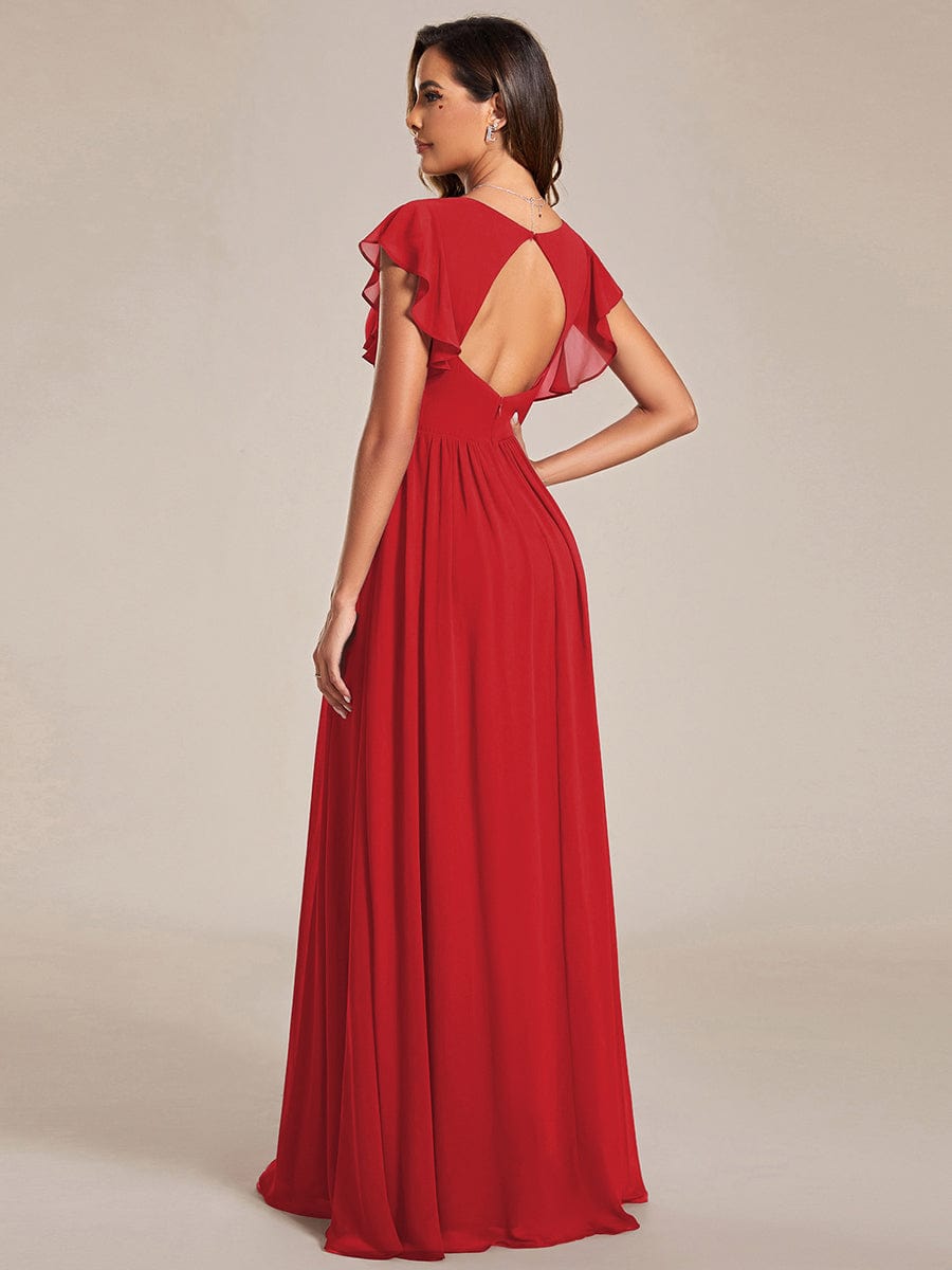 V-Neck Open Back Ruffled Sleeves Chiffon Bridesmaid Dress #color_Red