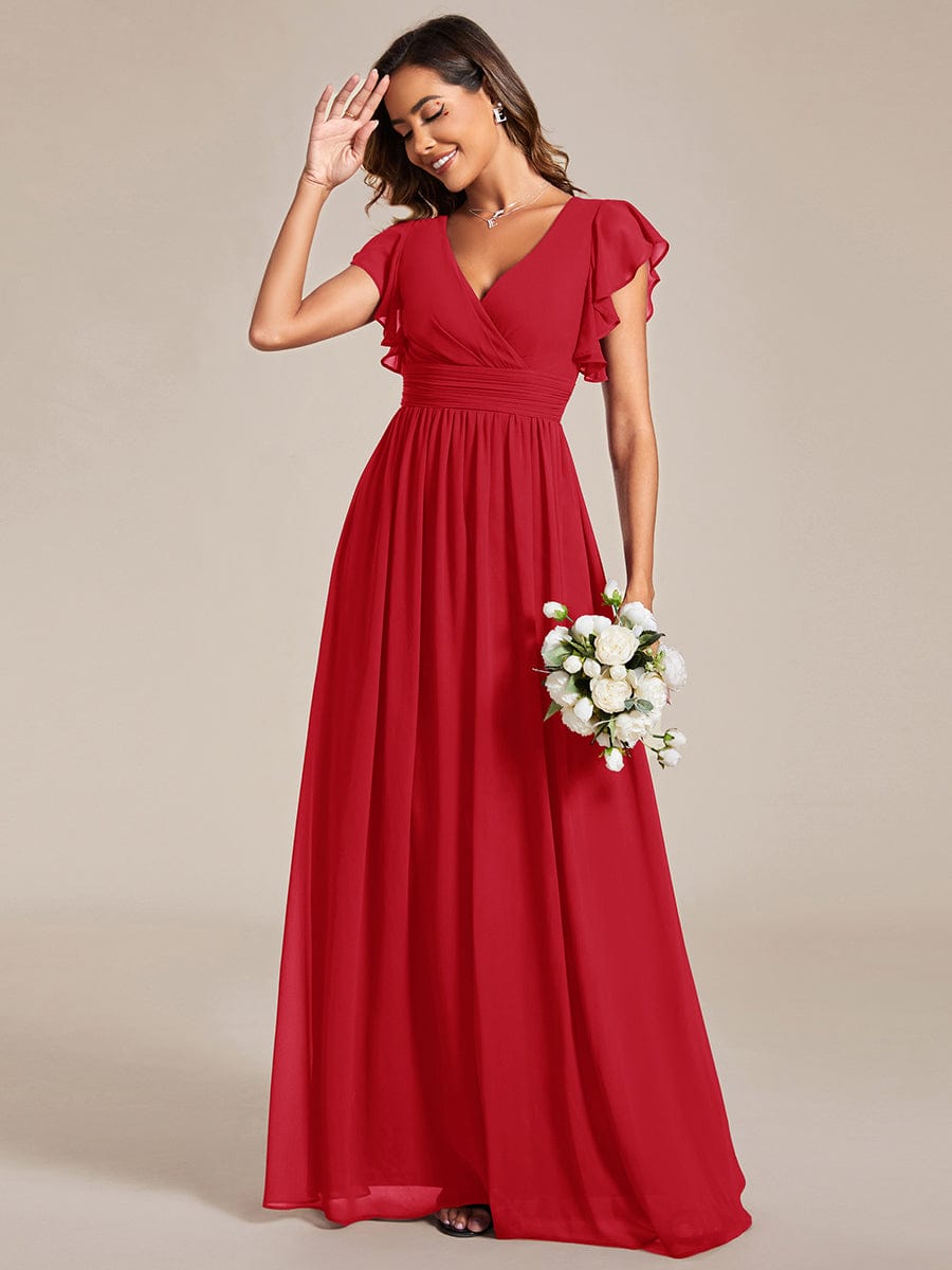 Elegant V-Neck Open Back Chiffon Bridesmaid Dress with Ruffled Sleeves #color_Red