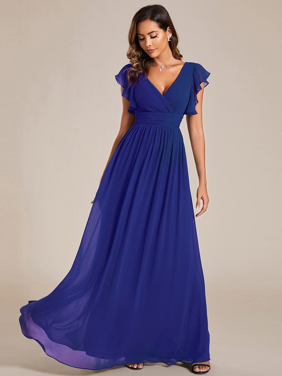 Elegant V-Neck Open Back Chiffon Bridesmaid Dress with Ruffled Sleeves #color_Sapphire Blue