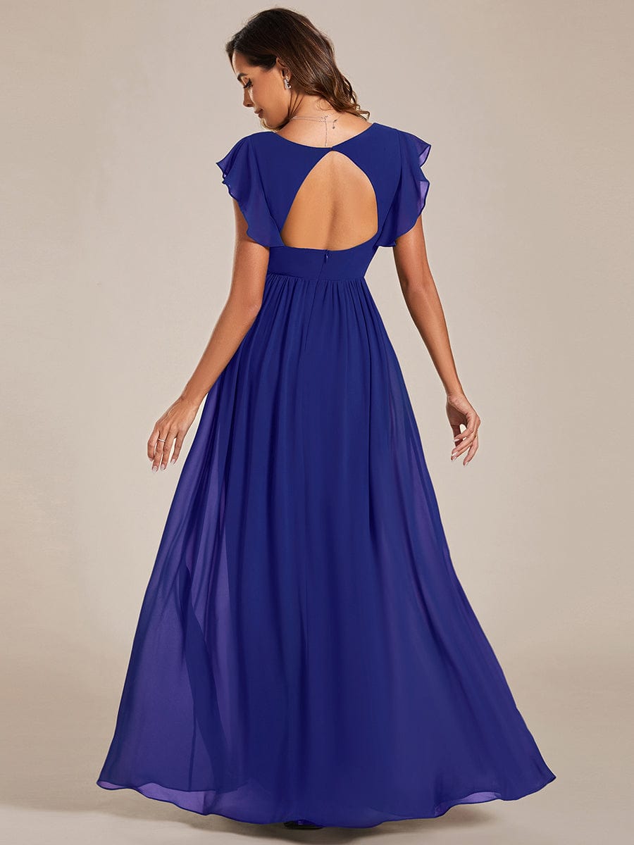 Elegant V-Neck Open Back Chiffon Bridesmaid Dress with Ruffled Sleeves #color_Sapphire Blue