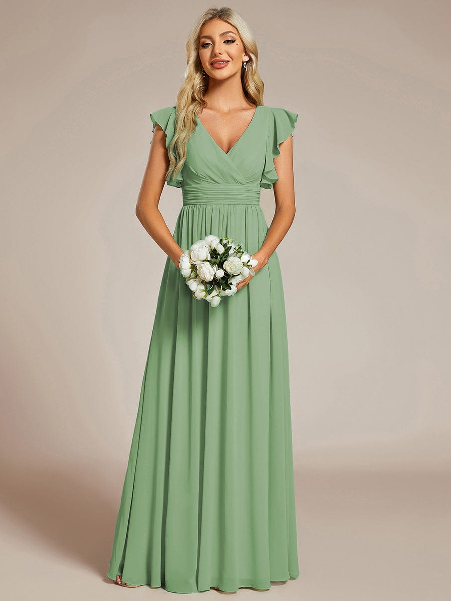 V-Neck Open Back Ruffled Sleeves Chiffon Bridesmaid Dress #color_Sage Green