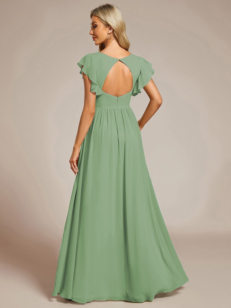 V-Neck Open Back Ruffled Sleeves Chiffon Bridesmaid Dress #color_Sage Green