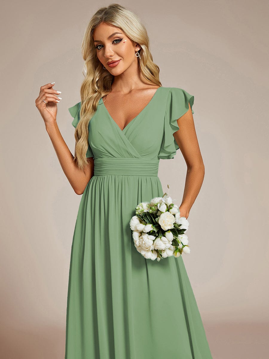 V-Neck Open Back Ruffled Sleeves Chiffon Bridesmaid Dress #color_Sage Green