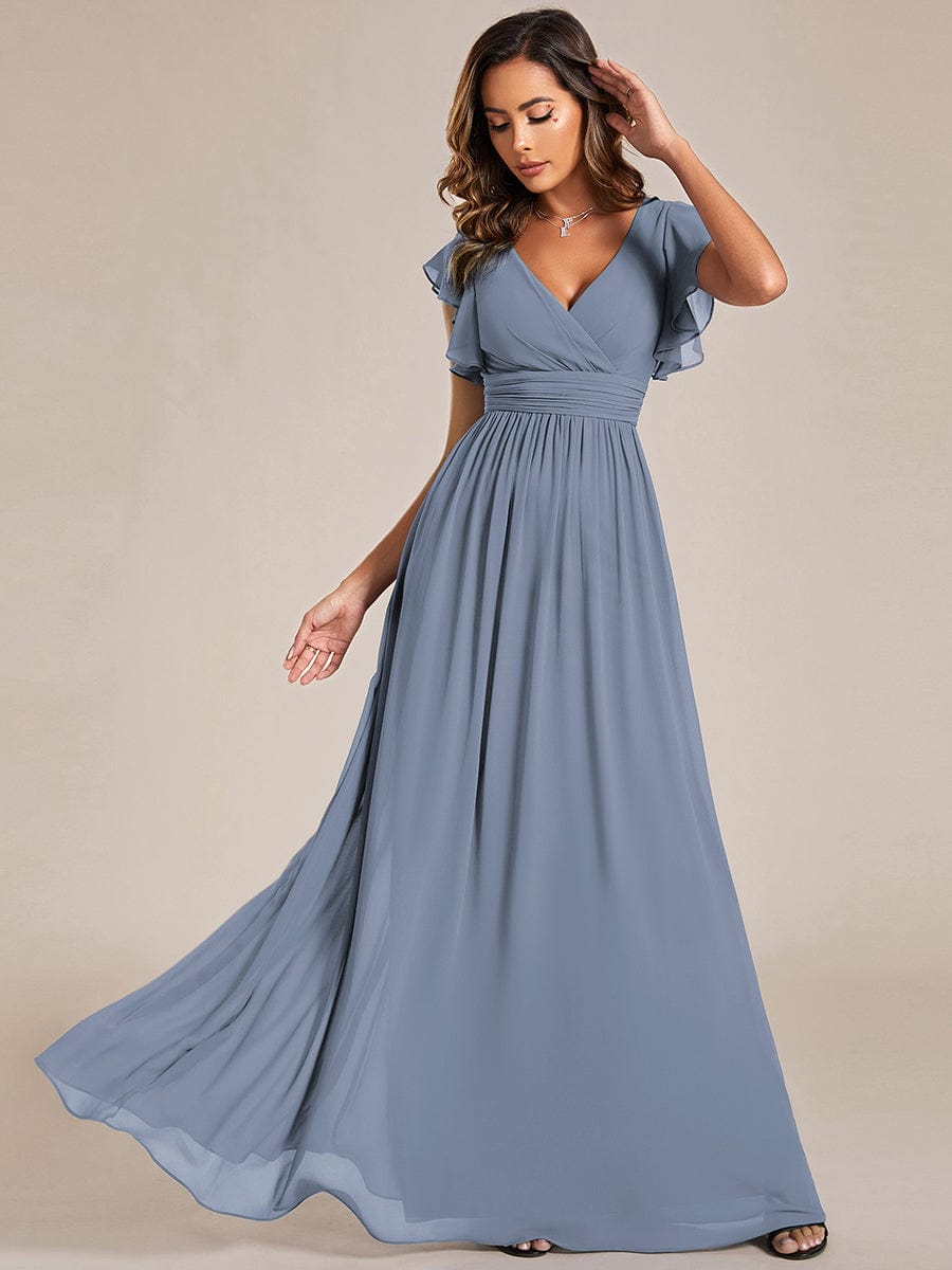 Elegant V-Neck Open Back Chiffon Bridesmaid Dress with Ruffled Sleeves #color_Slate Blue