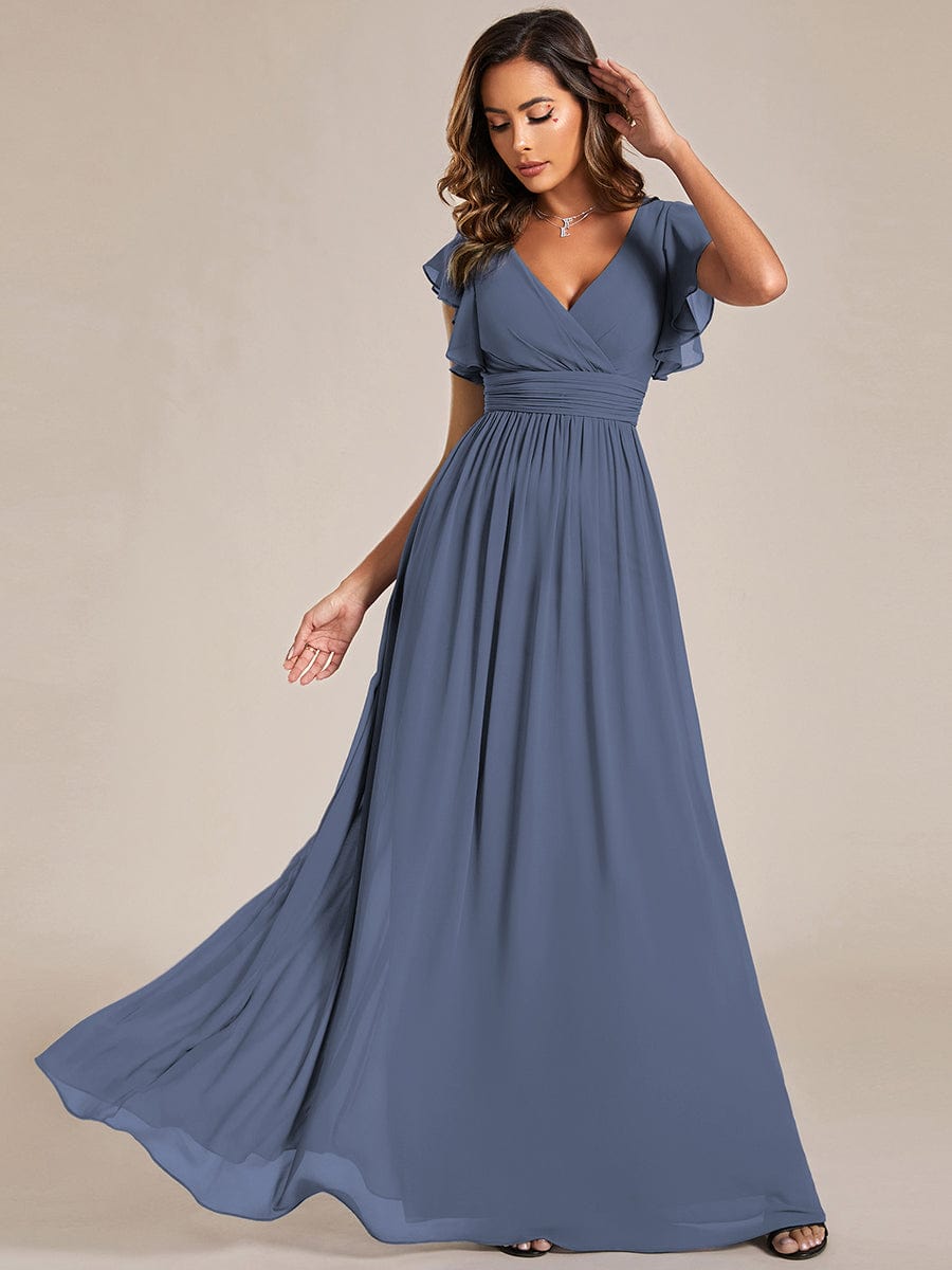 Elegant V-Neck Open Back Chiffon Bridesmaid Dress with Ruffled Sleeves #color_Stormy