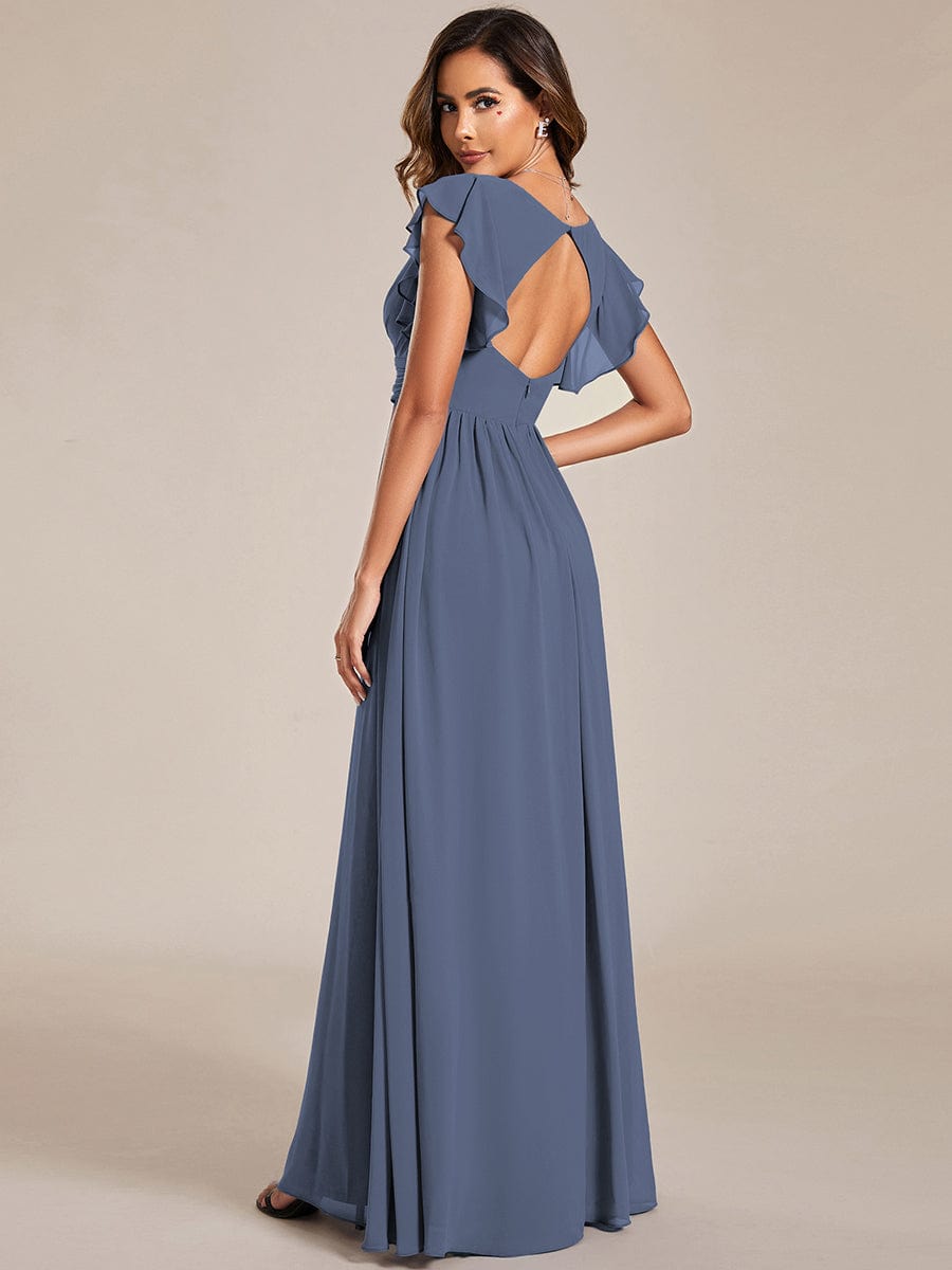 Elegant V-Neck Open Back Chiffon Bridesmaid Dress with Ruffled Sleeves #color_Stormy