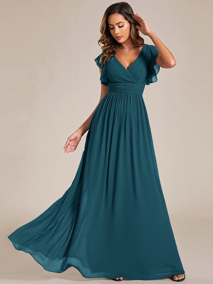 Elegant V-Neck Open Back Chiffon Bridesmaid Dress with Ruffled Sleeves #color_Teal