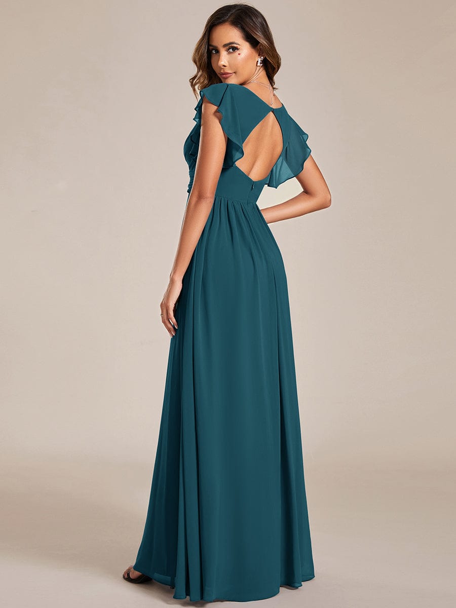 Elegant V-Neck Open Back Chiffon Bridesmaid Dress with Ruffled Sleeves #color_Teal