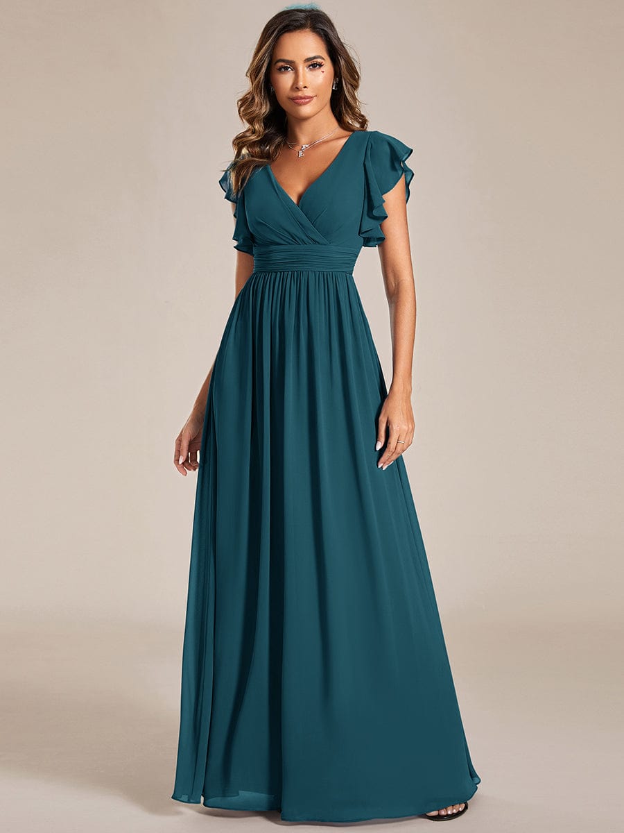 Elegant V-Neck Open Back Chiffon Bridesmaid Dress with Ruffled Sleeves #color_Teal