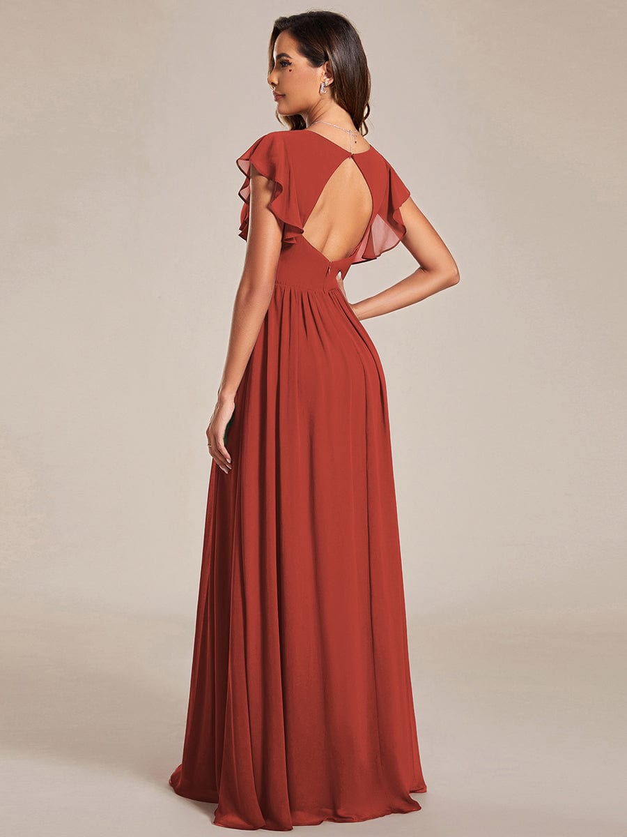 V-Neck Open Back Ruffled Sleeves Chiffon Bridesmaid Dress #color_Vermilion