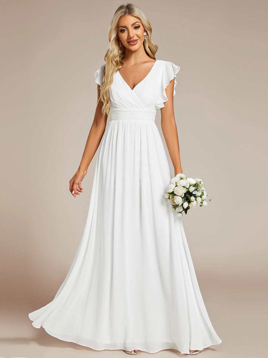 Elegant V-Neck Open Back Chiffon Bridesmaid Dress with Ruffled Sleeves #color_White