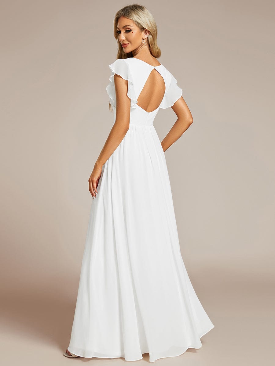 Elegant V-Neck Open Back Chiffon Bridesmaid Dress with Ruffled Sleeves #color_White