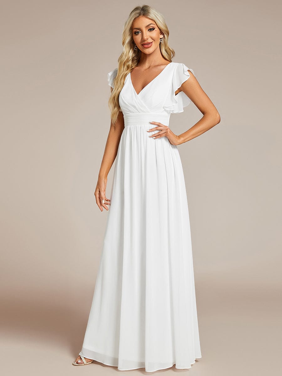 Elegant V-Neck Open Back Chiffon Bridesmaid Dress with Ruffled Sleeves #color_White