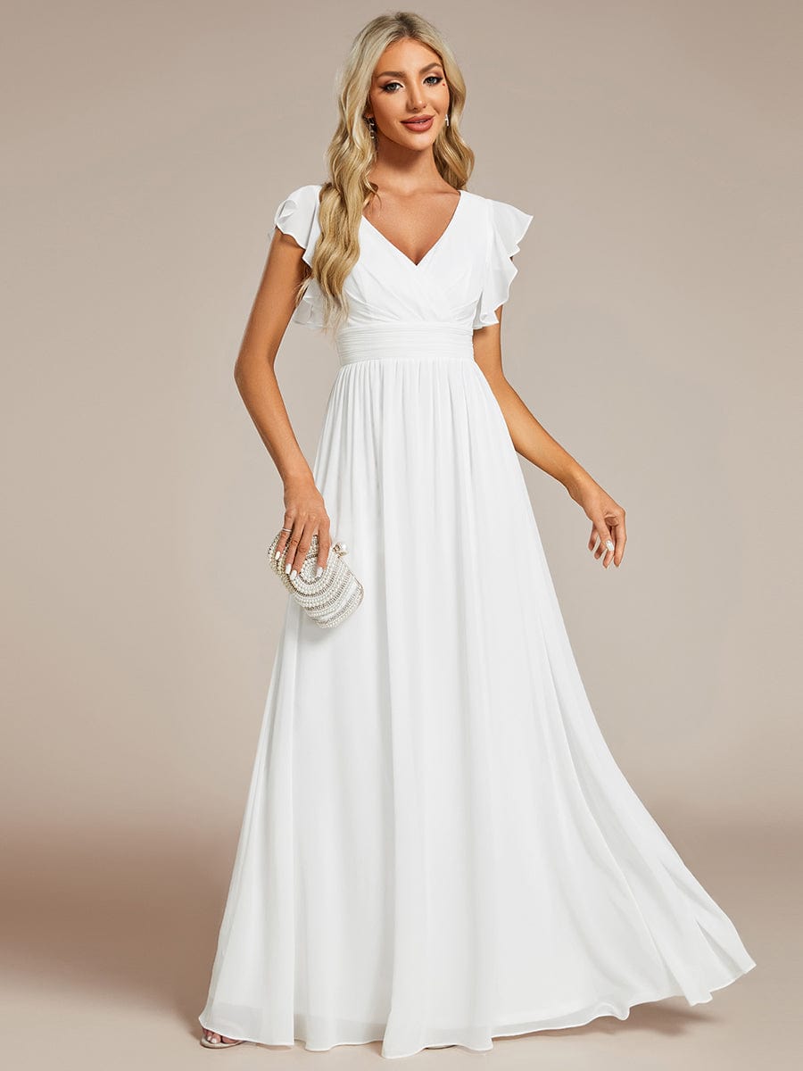 Elegant V-Neck Open Back Chiffon Bridesmaid Dress with Ruffled Sleeves #color_White