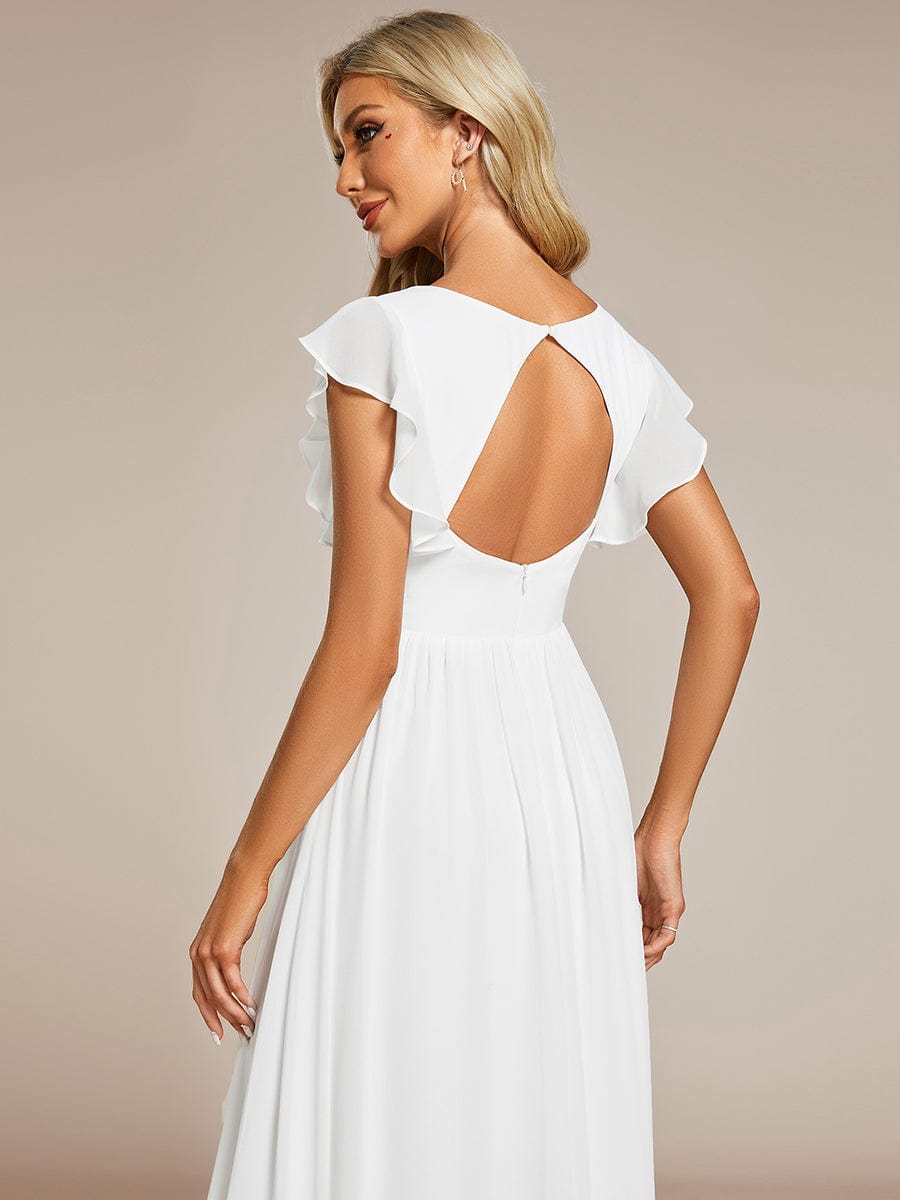 Elegant V-Neck Open Back Chiffon Bridesmaid Dress with Ruffled Sleeves #color_White