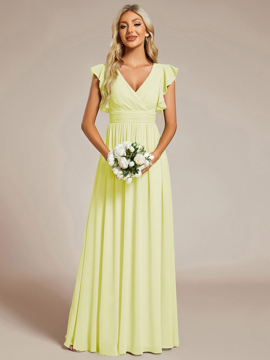 V-Neck Open Back Ruffled Sleeves Chiffon Bridesmaid Dress #color_Yellow