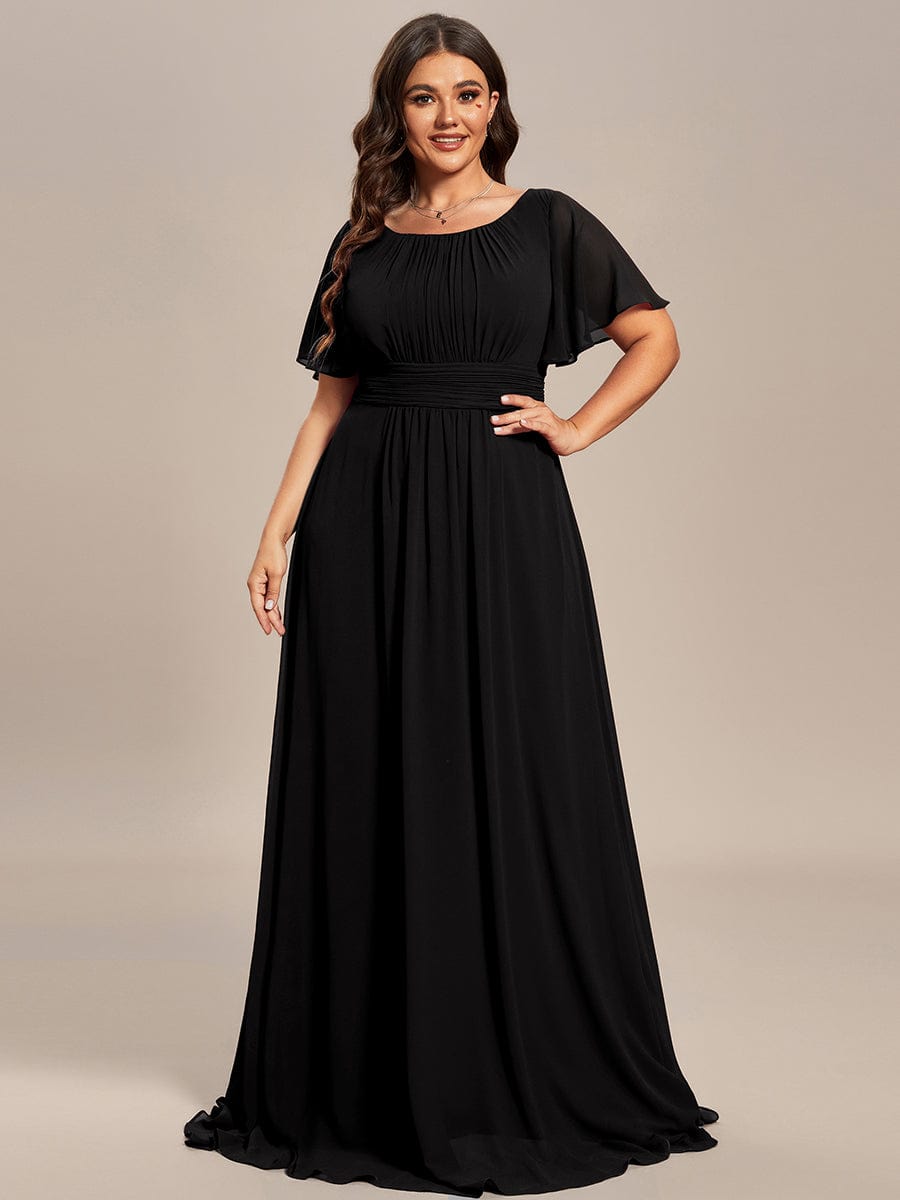 Plus Size Simple Chiffon Pleated A-Line Round Neckline Bridesmaid Dress #color_Black